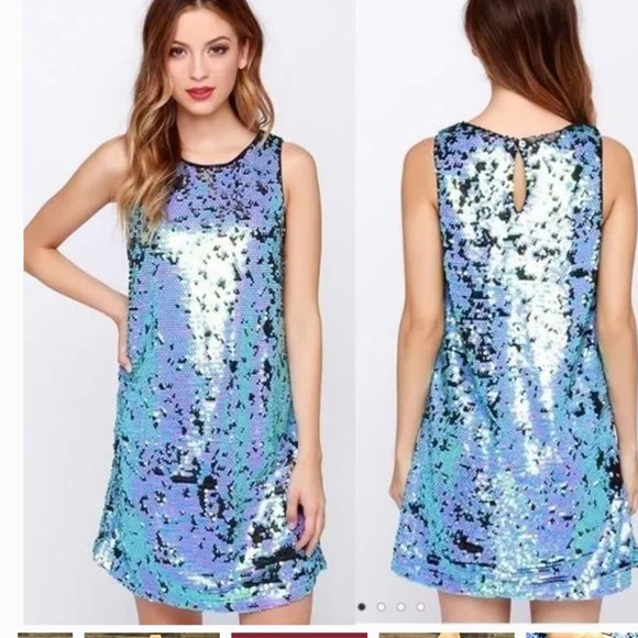 NWT Honey Punch blue/aqua sequins change of color mini dress Sz M - Picture 4 of 9